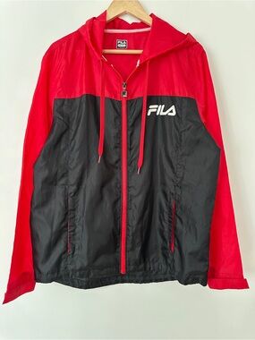 FILA Mens Colorblock Hooded Windbreaker Jacket Medium Red Black Spellout Zip